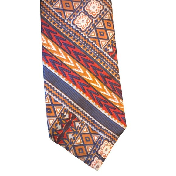 Pulitzer All Silk Vintage Mens Tie Geometric Tribal Pattern Brown Red Orange - Picture 2 of 4
